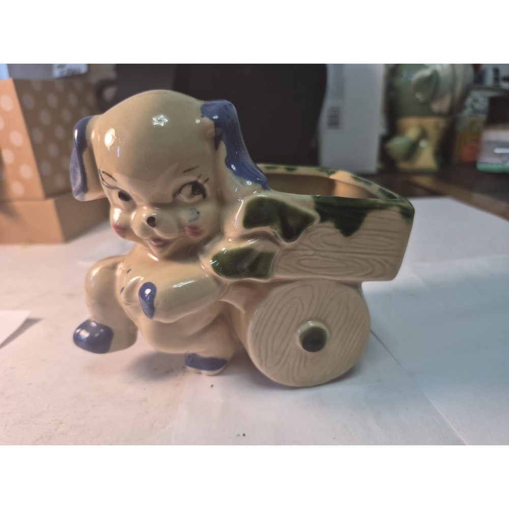 CUTE Vintage Ceramic Puppy Dog Planter - PULLING CART / WAGON Retro Rockabilly